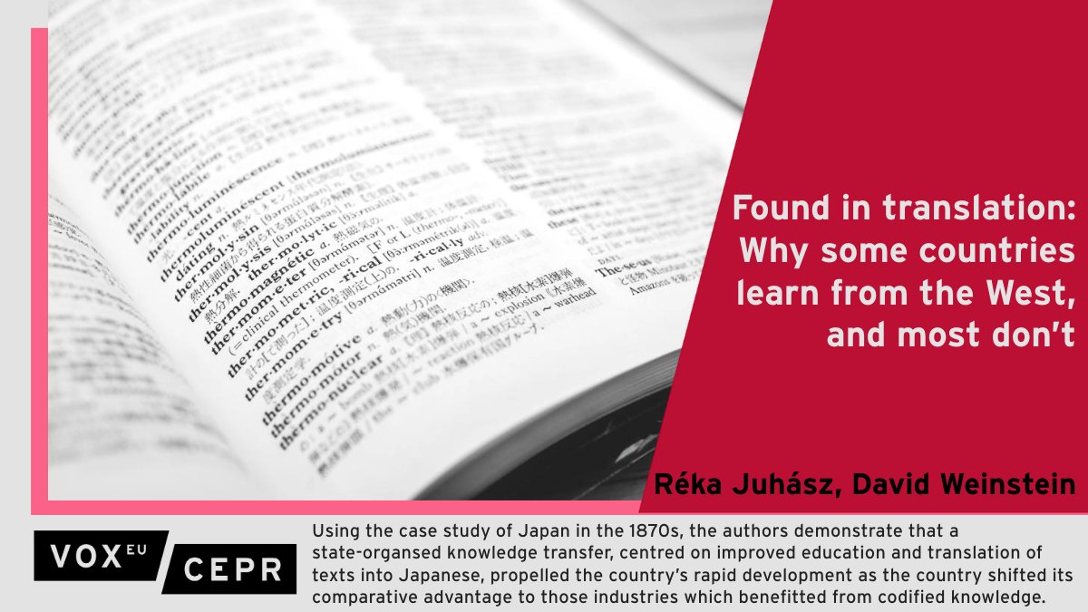 VoxEU (@voxeu) on Twitter photo State-organsed knowledge transfer, centred on improved #education and translation of texts into Japanese, propelled the rapid development of #Japan starting in the 1880s.
<a href="/juhreka13/">Reka Juhasz</a> <a href="/UBC/">University of British Columbia</a>, <a href="/deweinstein/">David Weinstein</a> <a href="/columbia_econ/">Columbia Economics</a>
ow.ly/zWh950T6lYY State-organsed knowledge transfer, centred on improved #education and translation of texts into Japanese, propelled the rapid development of #Japan starting in the 1880s.
<a href="/juhreka13/">Reka Juhasz</a> <a href="/UBC/">University of British Columbia</a>, <a href="/deweinstein/">David Weinstein</a> <a href="/columbia_econ/">Columbia Economics</a>
ow.ly/zWh950T6lYY