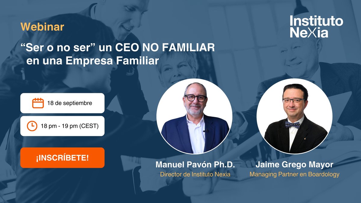 Las empresas familiares cada vez optan más por CEOs no familiares. No te pierdas el webinar gratuito sobre “Ser o no ser: el CEO no familiar en una empresa familiar”.

📆 18 septiembre 2024 | 18h (CEST)
👉 Asistir: bit.ly/3WZnXKp

#FamilyOffice #EmpresaFamiliar