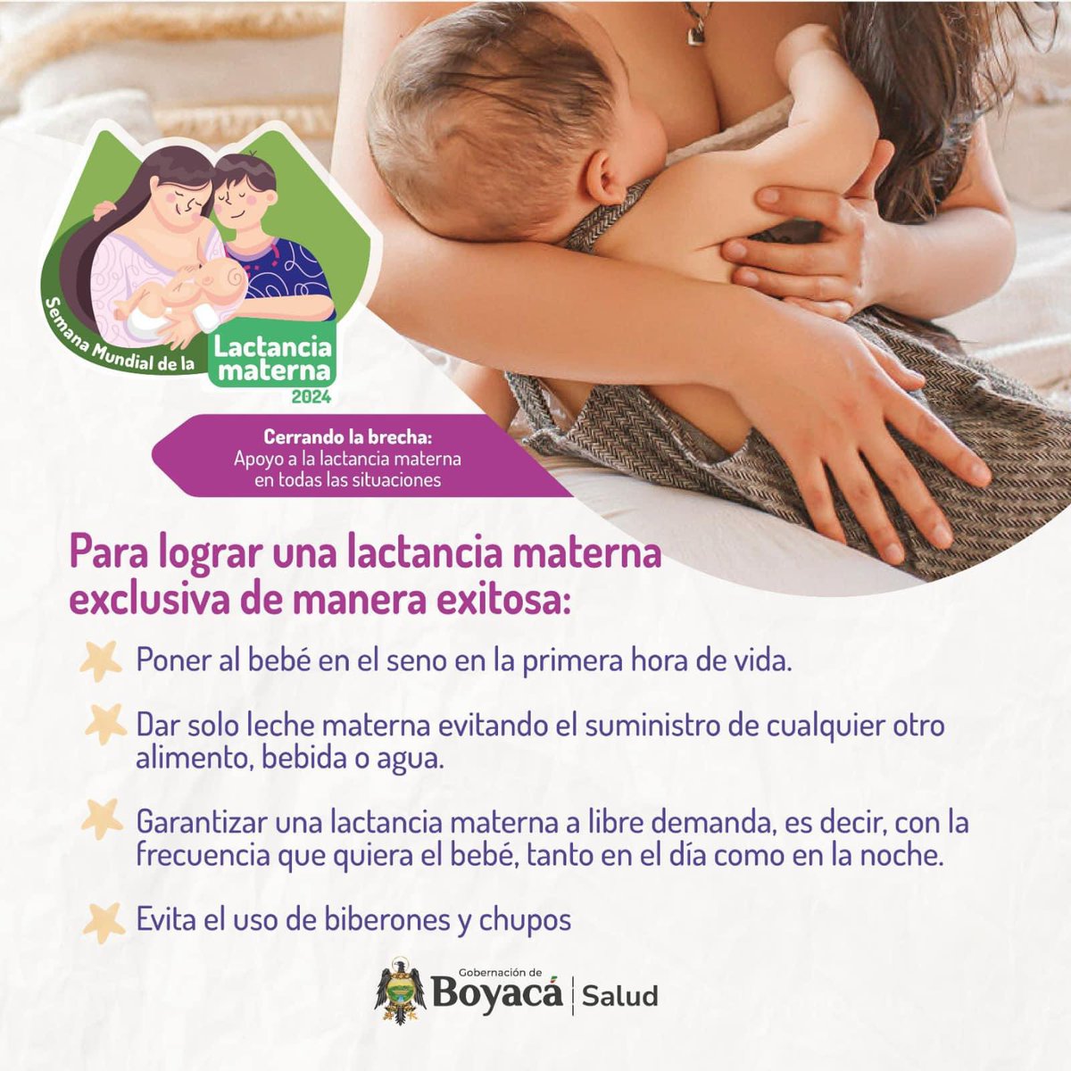 SecSaludBoyaca's tweet image. 🤱 La lactancia materna es el primer acto de amor que una madre brinda a su bebé. 

En Boyacá, promovemos la lactancia exclusiva durante los primeros 6 meses para un desarrollo óptimo. 

¡Protejamos a nuestros niños y niñas! 

#LactanciaMaterna 
#CerrandoLabrecha