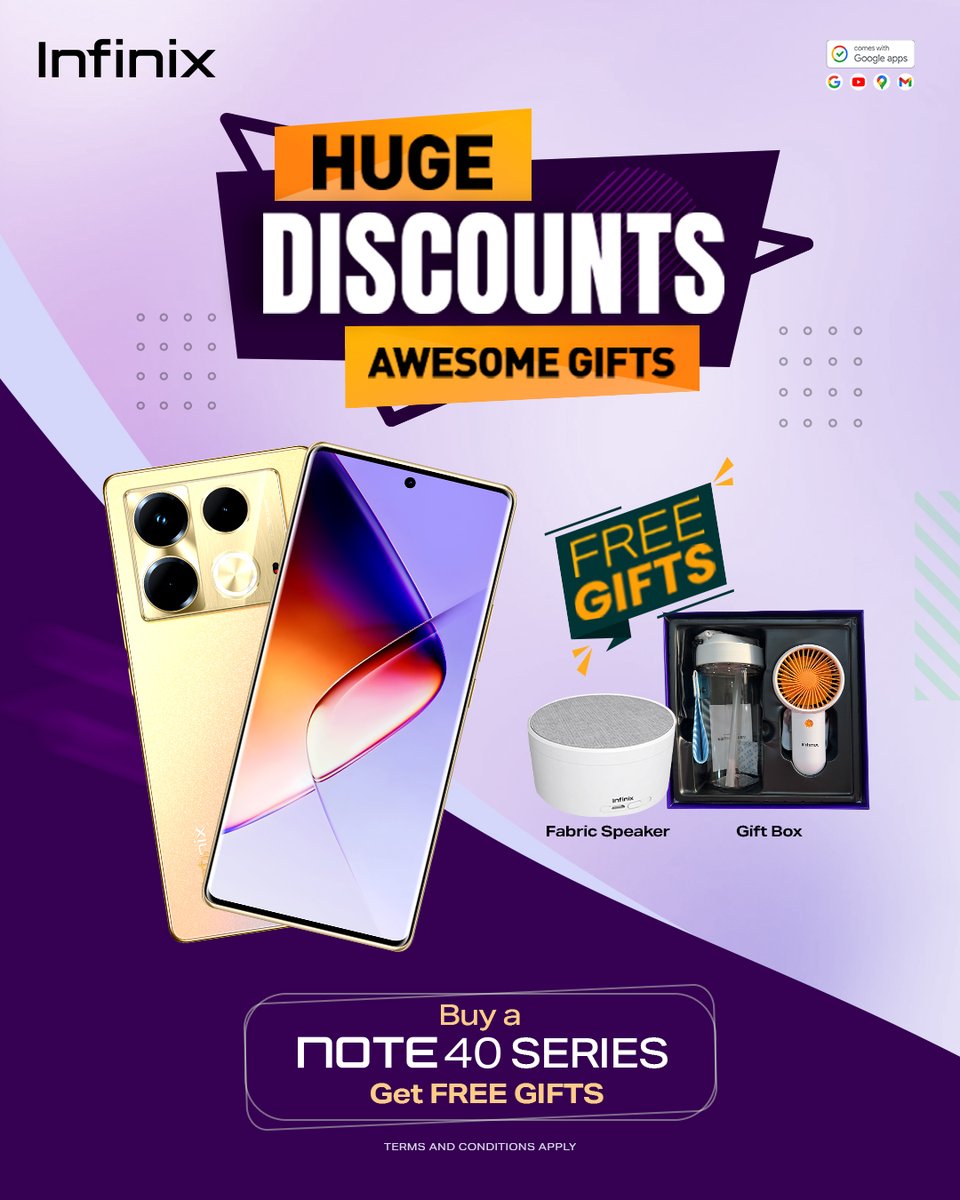 InfinixGhana's tweet image. Purchase to win a free a gift 🤩🎁 Take advantage of our #AugustPromo and grab your Note 40 series NOW at any accredited shop.

🚨 Promo ends on 31st August. Don't miss out #HugeDiscountsAwesomeGifts #70WFastCharge #Note40Series