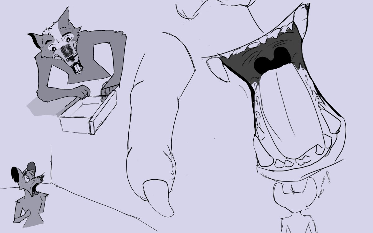 Ktr0sW's tweet photo. #macrofurry #sizerwitter #macro #furry #vore 
a macro wolf finds a micro mouse in his drawer greeting him as best he could the micro still in fear from the sight of teeth
i drew this a year ago for macro march or micro may cant really remember which one never got around to finish https://t.co/UbR7vy7DR1