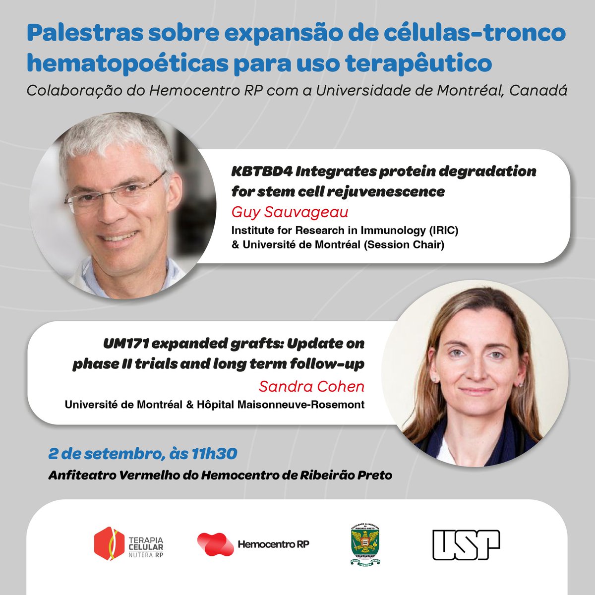 Palestras sobre expansão de células-tronco hematopoéticas para uso terapêutico

Colaboração do Hemocentro RP com a Universidade de Montréal, Canadá

Dia 2 de setembro, no Anfiteatro Vermelho do Hemocentro:

Inscreva-se agora! 👉 forms.gle/e2mFwz23G2d5EM…

#HemocentroRP #Palestras