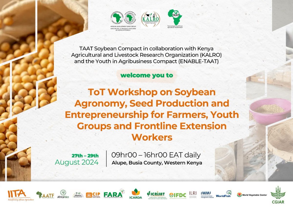 Taat_Africa's tweet photo. #HappeningNow: The @kalromkulima Seeds 2nd Workshop on #Soybeans, hosted in collaboration by #TAATSoybean-@IITA_CGIAR, #KALRO, #ENABLETAAT -@IITAYOUTHAGRIP
and ##TAATCDTO- @FARAinfo is underway at The New Quill Hotel in Busia, #Kenya! Engaging with experts, county reps, farmers, processors, Agrodealers, coops, and youth to enhance soybean production. ๐ฑ #Agriculture #InnovationPlatforms #Partneships #EngageTAAT #FeedAfrica
@AfDB_Group @gatesfoundation @GatesAfrica @cgiar @IITA_CGIAR @tropicalsoylab @biorazi @YaramaNdirpaya