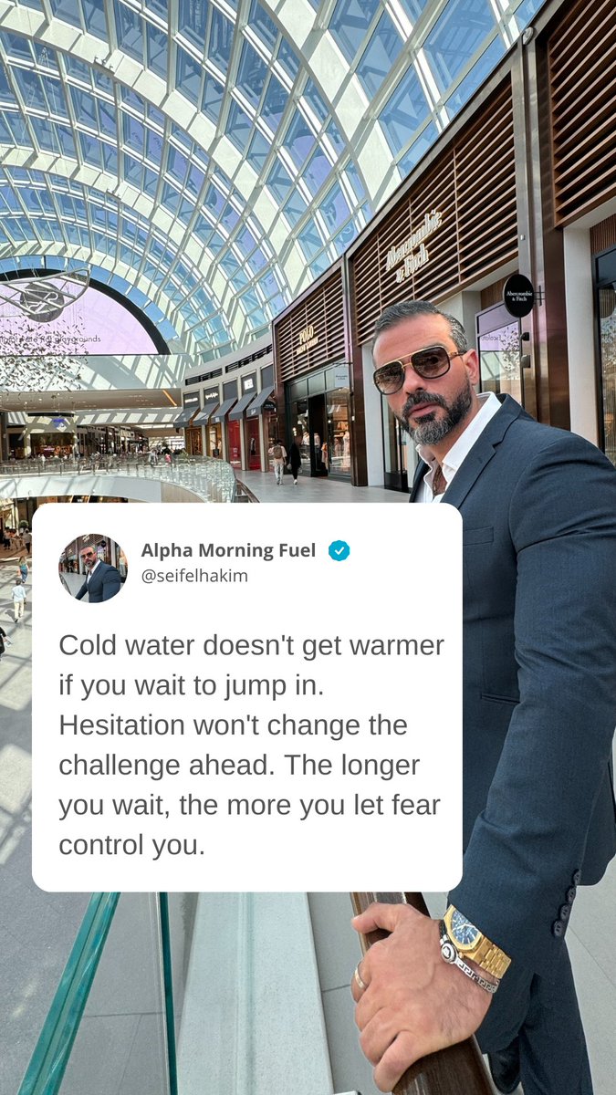 seifelhakim's tweet image. Cold water doesn't get warmer if you wait to jump in. Hesitation won't change the challenge ahead. The longer you wait, the more you let fear control you.

#AlphaMindset #BoldMoves #NoHesitation #ConquerYourFears #EmbraceTheChallenge #WarriorSpirit #TakeAction #FearlessLiving