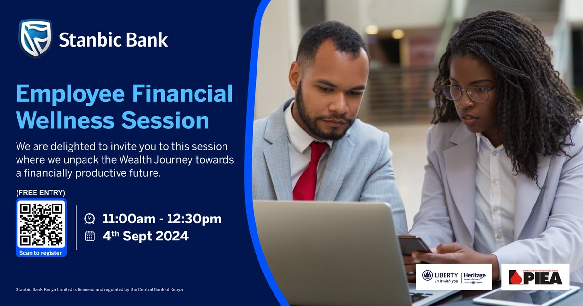 PIEA_official's tweet photo. PIEA in collaboration with Stanbic Bank invites you to attend a free webinar session titled: Employee financial wellness on 4/Sep/2024 from 11 a.m.
Scan QR code to register or click here: https://t.co/qtxA9dinEj
@StanbicKE https://t.co/otGbTSBUae