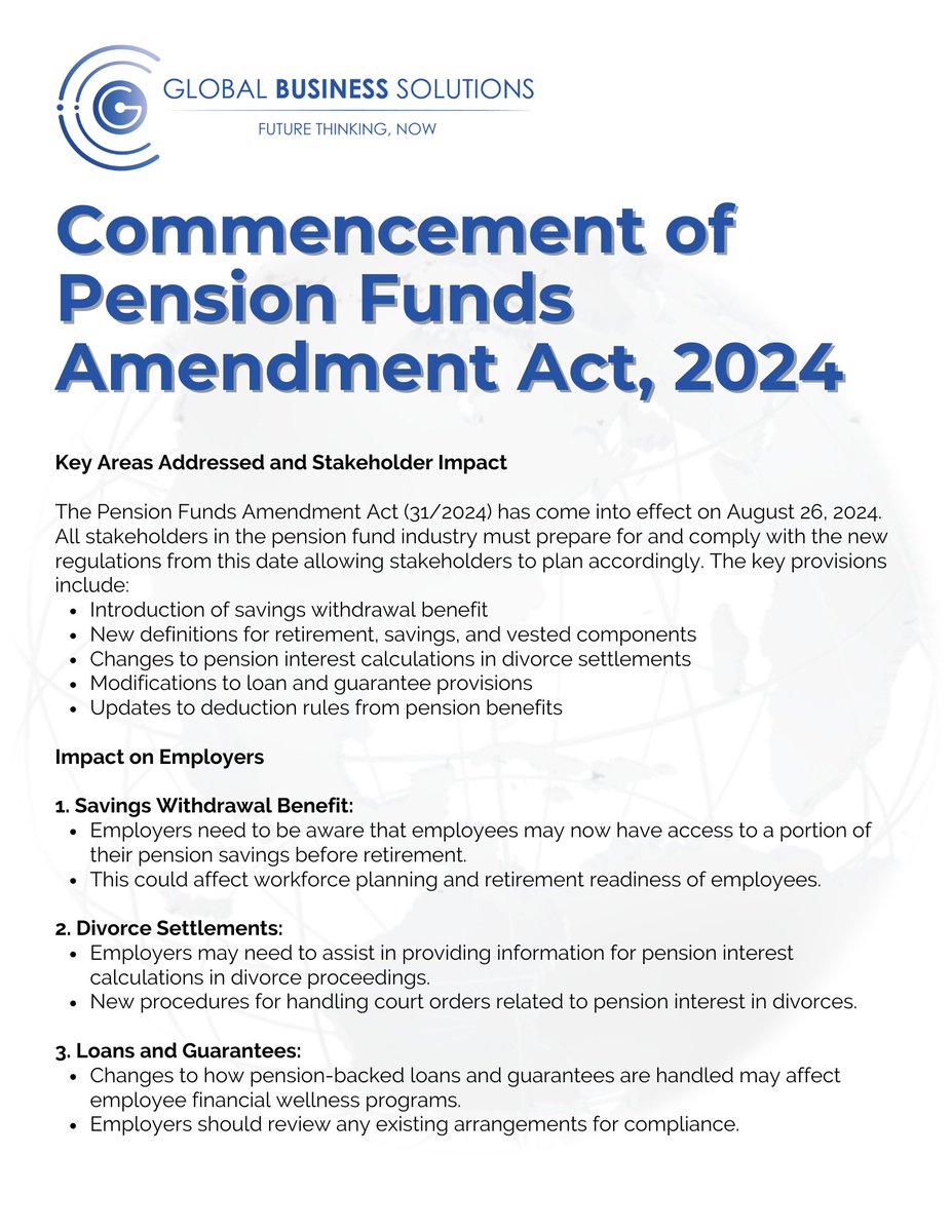 GBSinSA's tweet image. 𝗜𝗺𝗽𝗼𝗿𝘁𝗮𝗻𝘁 𝗨𝗽𝗱𝗮𝘁𝗲: 𝗖𝗼𝗺𝗺𝗲𝗻𝗰𝗲𝗺𝗲𝗻𝘁 𝗼𝗳 𝗣𝗲𝗻𝘀𝗶𝗼𝗻 𝗙𝘂𝗻𝗱𝘀 𝗔𝗺𝗲𝗻𝗱𝗺𝗲𝗻𝘁 𝗔𝗰𝘁, 𝟮𝟬𝟮𝟰🚨
Key Areas Addressed and Stakeholder Impact 👇
#PensionFunds #LegislationUpdate #HRCompliance #RetirementPlanning #BreakingNews #GBS
