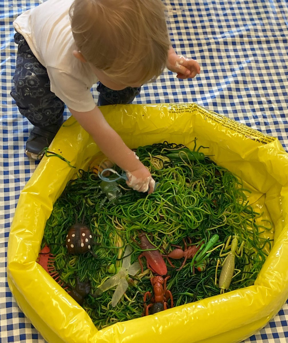 This messy play activity is always a hit in our Peep sessions: 
✅ Cooked spaghetti with green food colouring 
✅ Mini bugs 
Children love finding the hidden bugs and the sensory feeling of the spaghetti. A great 'in-between' activity for those who don't like to get too messy.