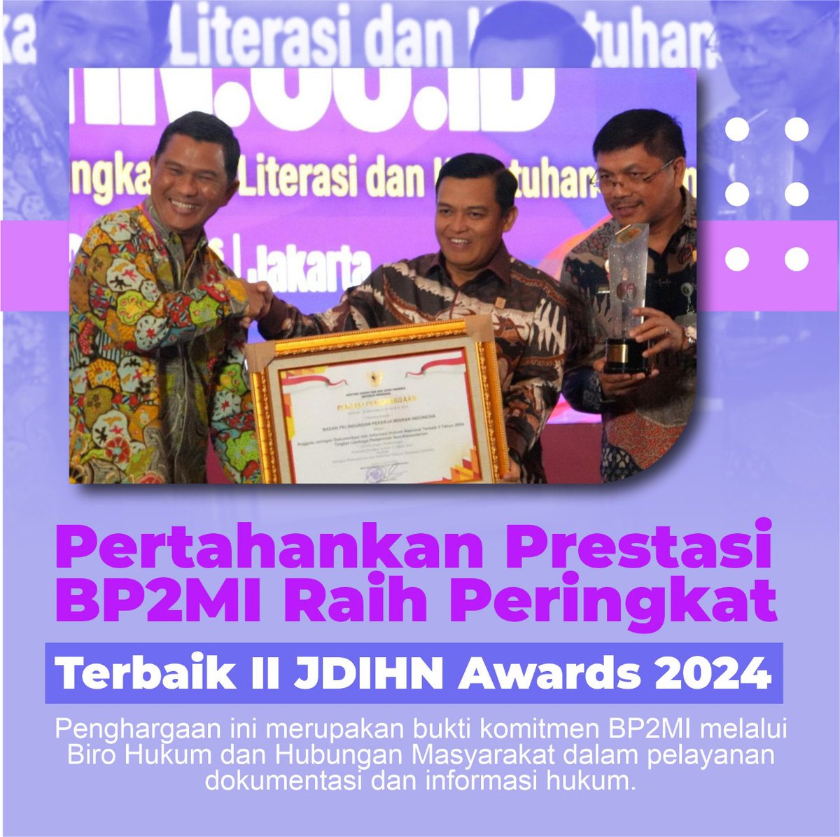 Kembali raih penghargaan salah satu bukti selalu memberikan yang terbaik dalam hal pelayanan masyarakat khususnya bagi Pekerja Migran Indonesia.

#BP2MIRaihPenghargaan