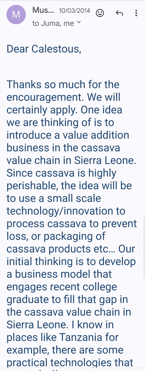 dsengeh's tweet photo. 10 years ago, the current Minister of Agriculture @hmkpaka and I wrote to our dearest friend and mentor at Harvard, the late Prof @calestous Juma, about implementing an Agriculture Technology solution in Sierra Leone. Today, we are doing just that. Dream it and Make it Happen! https://t.co/F8eielu5Tj