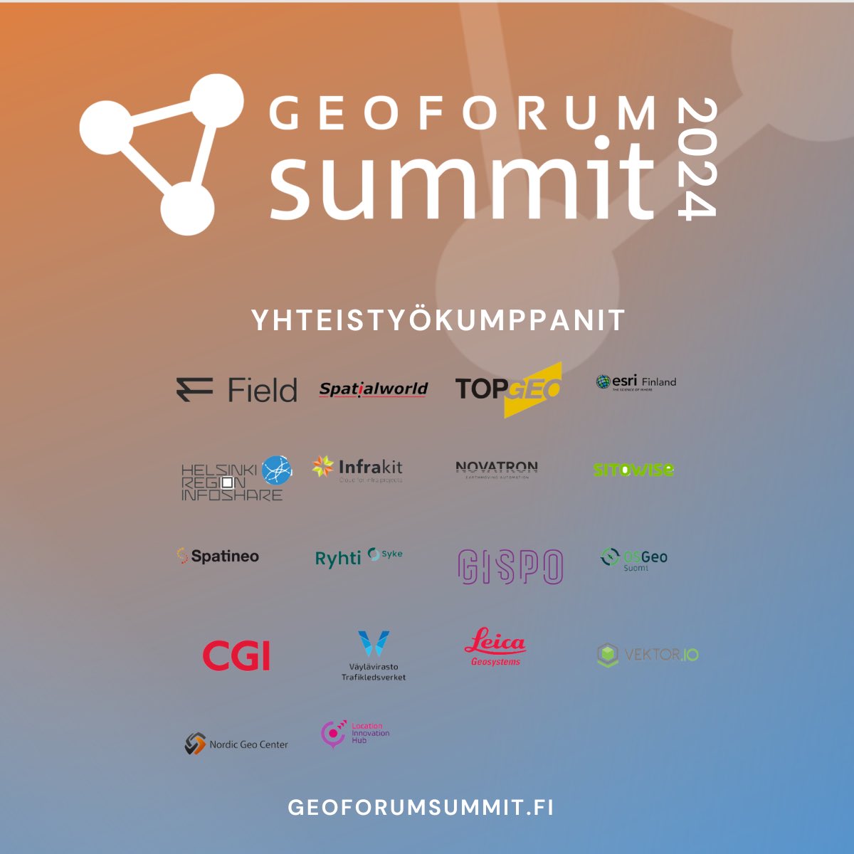 GeoForum Summit (@geoforumsummit) on Twitter photo Osallistujille maksutonta GeoForum Summitia on mahdollistamassa laaja joukko paikkatietoalan toimijoita Suomesta. Pääyhteistyökumppanit tänä vuonna ovat <a href="/geotrim_oy/">Geotrim</a> <a href="/Maanmittaus/">Maanmittauslaitos</a> <a href="/terrasolid/">Terrasolid Ltd.</a> ja <a href="/TrimbleUtility/">Trimble Utilities Suomi</a> Osallistujille maksutonta GeoForum Summitia on mahdollistamassa laaja joukko paikkatietoalan toimijoita Suomesta. Pääyhteistyökumppanit tänä vuonna ovat <a href="/geotrim_oy/">Geotrim</a> <a href="/Maanmittaus/">Maanmittauslaitos</a> <a href="/terrasolid/">Terrasolid Ltd.</a> ja <a href="/TrimbleUtility/">Trimble Utilities Suomi</a>