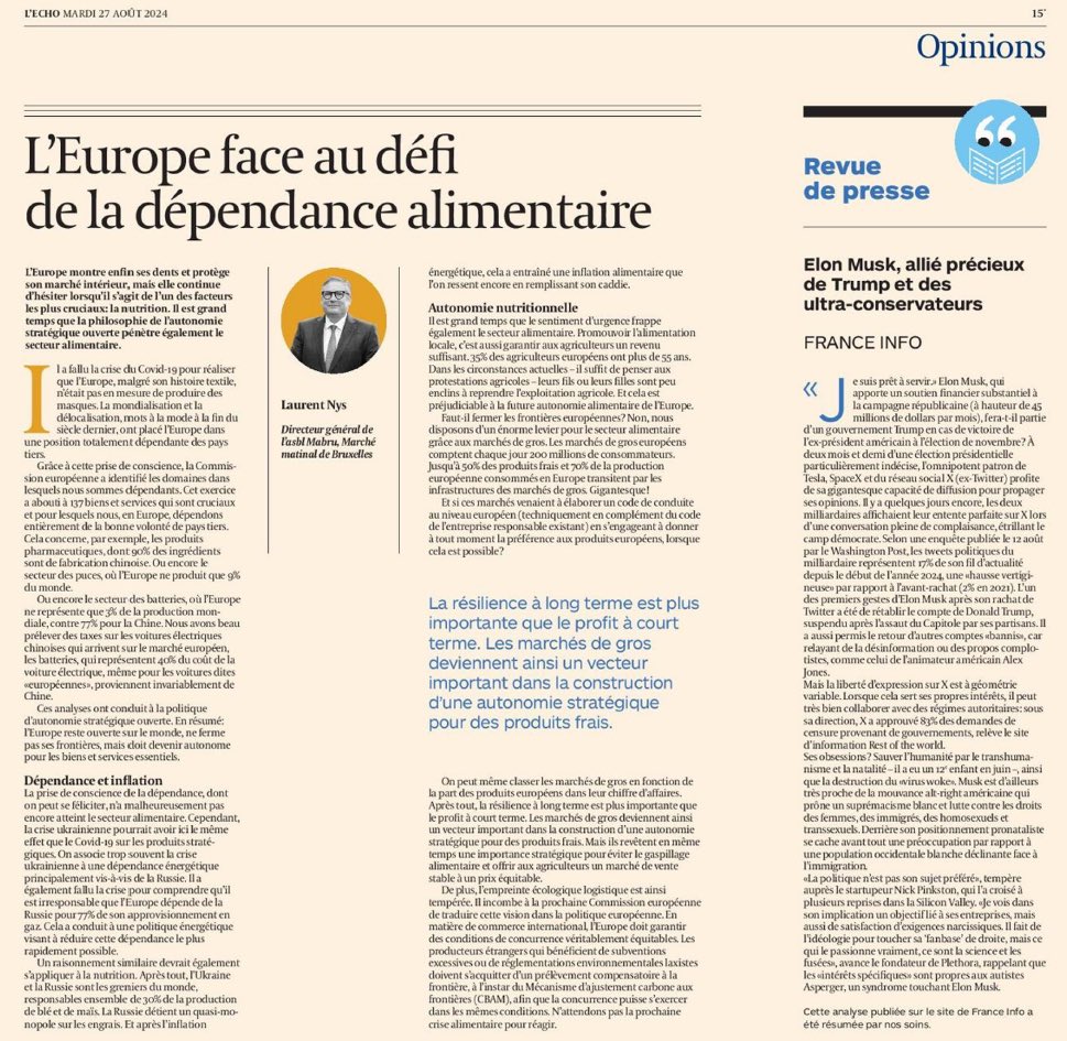 Retrouvez mon point de vue publié par L'Echo ce matin concernant la nécessité de créer un cadre européen pour les #marchésdegros. Les marchés comme le nôtre auront un rôle essentiel pour favoriser la #souverainetealimentaire de l’UE <a href="/WUWMarkets/">World Union of Wholesale Markets (WUWM)</a> <a href="/sevketemiz/">sevket temiz</a> <a href="/vonderleyen/">Ursula von der Leyen</a>