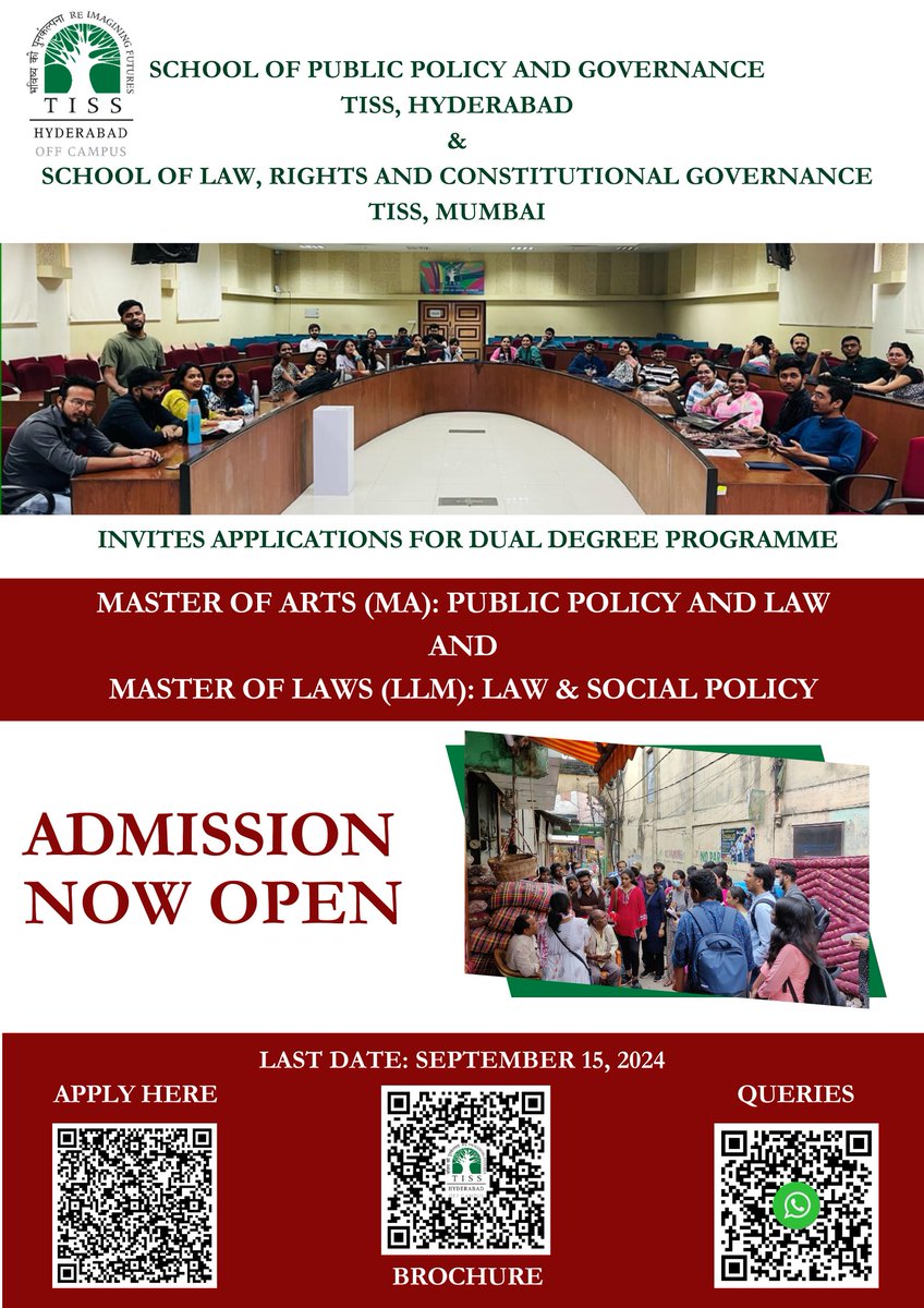 Admissions Open! Apply Now!

The School of Public Policy and Governance, Tata Institute of Social Sciences, Hyderabad, and, the School of Law, Rights and Constitutional Governance, Tata Institute of Social Sciences, Mumbai introduce an innovative dual degree programme - MA in