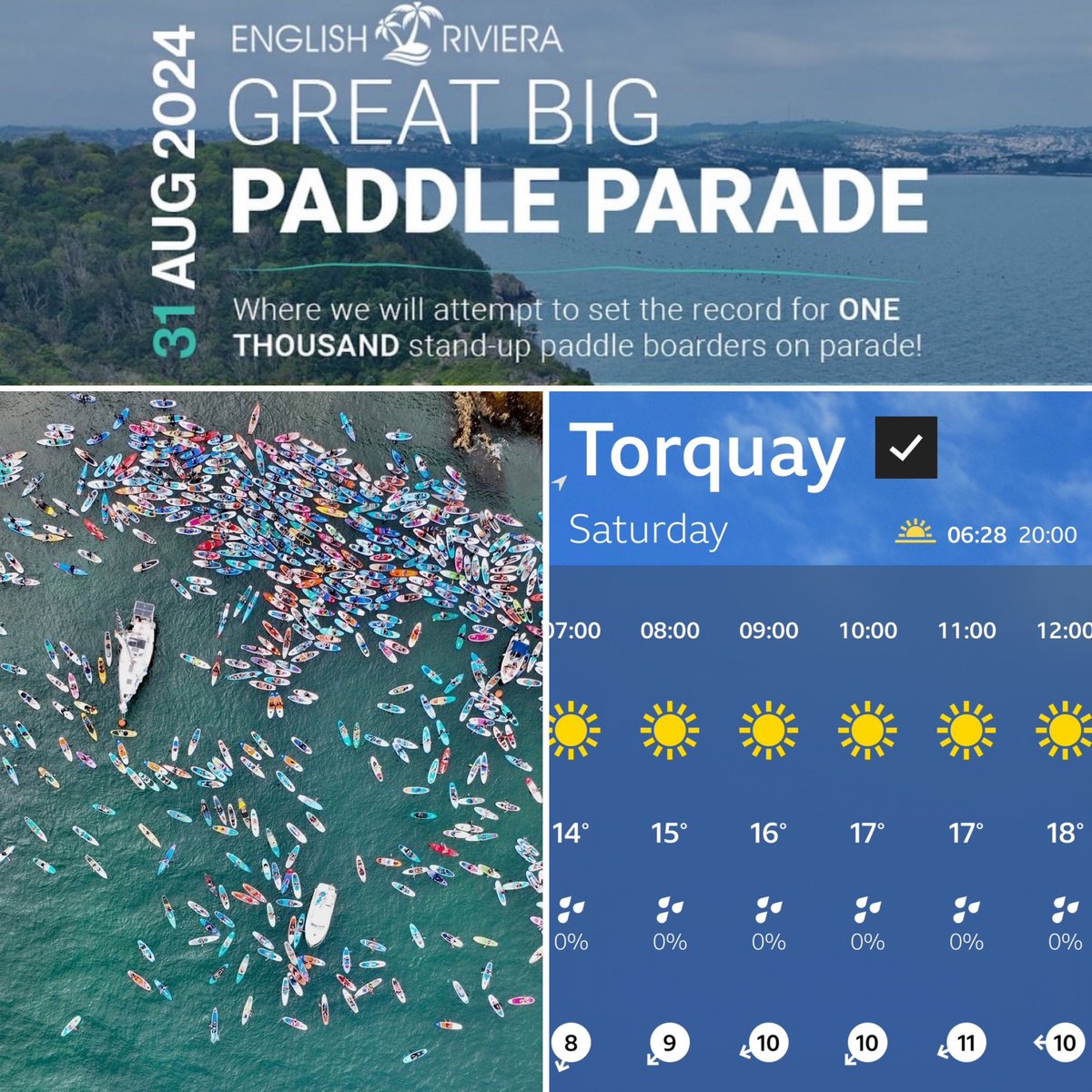 This Saturday ‘The Great BIG paddle parade’ will take place in Torbay! You could be one of the 1000 paddlers setting a WORLD RECORD &amp; having the most fun with the SUP community 🤙The WEATHER is going to be perfect so book your place today! 🤙 link 👇 

eventbrite.co.uk/e/the-great-bi…