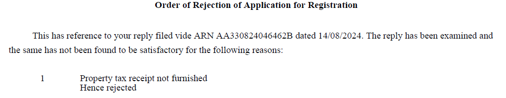 caauditor's tweet photo. @Infosys_GSTN Is Providing Property Tax mandatory? We have furnished Electricity Bill for Registration applied vide ARN AA330824046462B. 
Last time the rejection was made without reasons.
This time it is for not furnishing Property Tax Receipt.
@nsitharaman @FinMinIndia FYKC https://t.co/YojB85K8qK