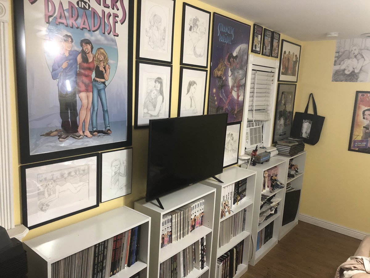 M00NLIGHTSTUDI0's tweet photo. Work continues on the new @TerryMooreArt art display, finally getting to hang my original art up after a year. Still have to straighten things out etc, but it's getting there. #StrangersInParadise #SiP #TerryMoore #Katchoo #AbstractStudioComics https://t.co/BEaQdhGlQ8