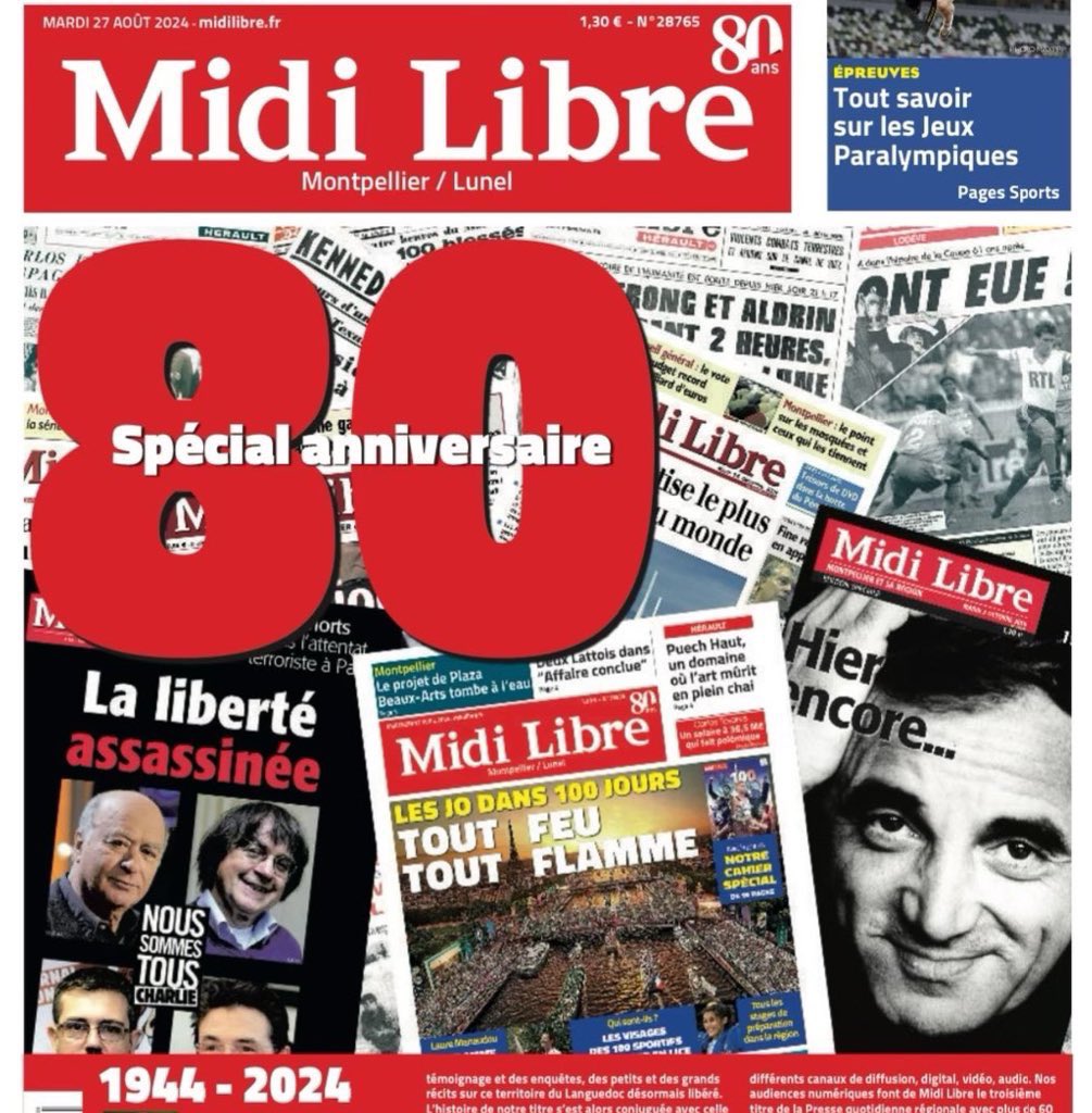 . <a href="/Midilibre/">Midi Libre</a> fête aujourd’hui ses 80 ans !

La #PQR joue un rôle essentiel dans nos territoires. Elle est un pilier de notre démocratie. 

Si vous n’êtes pas déjà abonné(e), c’est le moment. Sinon, achetez l’exemplaire papier de ce numéro historique !

cc <a href="/OBiscaye/">Olivier Biscaye</a> <a href="/ed_lefranc/">Edith Lefranc</a>