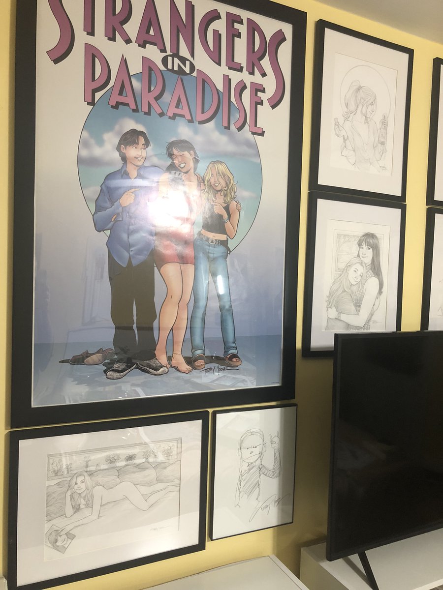 M00NLIGHTSTUDI0's tweet photo. Work continues on the new @TerryMooreArt art display, finally getting to hang my original art up after a year. Still have to straighten things out etc, but it's getting there. #StrangersInParadise #SiP #TerryMoore #Katchoo #AbstractStudioComics https://t.co/BEaQdhGlQ8