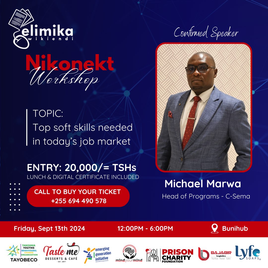 Adinani Mussa (@adinanimussatz) on Twitter photo Tunayo furaha kumtambulisha mzungumzaji wetu wa kwanza kwenye #NIKONEKT, Bw. <a href="/Kehongoh_Marwa/">Michael Marwa</a> kutoka <a href="/SemaTanzania/">Sema Tanzania</a>.
Michael ni mshauri wa soko la ajira mwenye uzoefu wa zaidi ya miaka 10. Tunayo furaha kumtambulisha mzungumzaji wetu wa kwanza kwenye #NIKONEKT, Bw. <a href="/Kehongoh_Marwa/">Michael Marwa</a> kutoka <a href="/SemaTanzania/">Sema Tanzania</a>.
Michael ni mshauri wa soko la ajira mwenye uzoefu wa zaidi ya miaka 10.