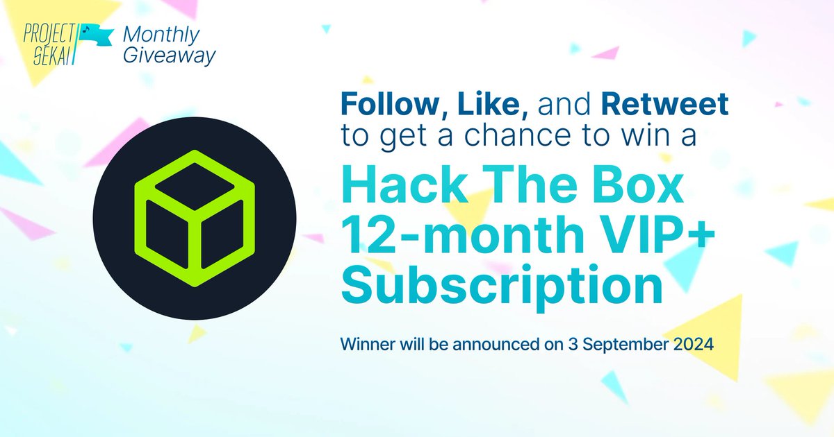 ProjectSEKAIctf's tweet image. 🎁 Monthly Giveaway 🎁
Hack The Box 12-month VIP+ x1
- Follow, Like, and Retweet to join!
- Winner will be picked randomly on 3 September.
#hackthebox #giveaway #projectsekaictf