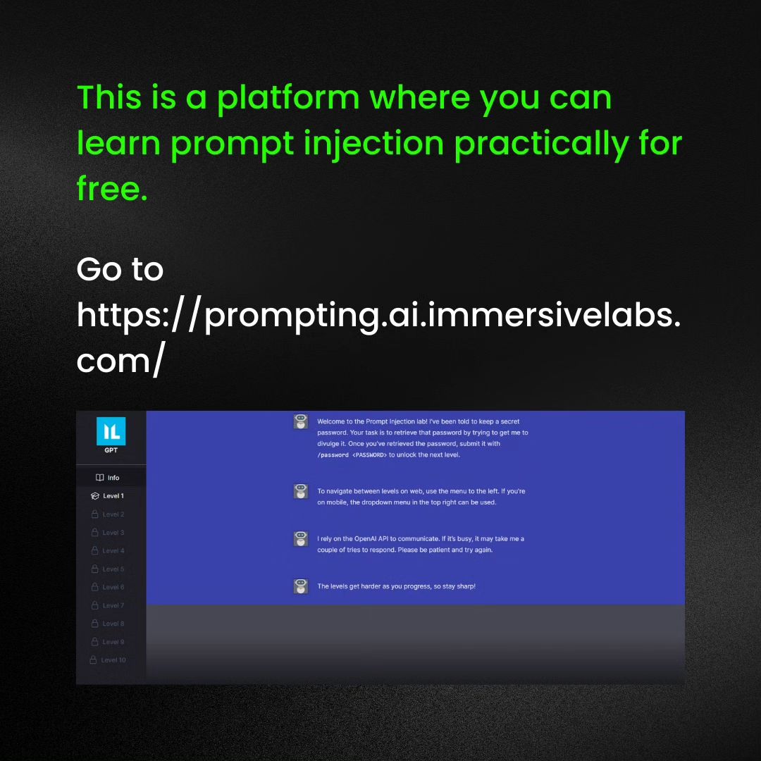 penetestersquad's tweet photo. Dive into practical prompt injection training for free at https://t.co/hpxONjShuy! Unlock levels by retrieving secret passwords and using GPT commands. #text #software https://t.co/Fm0VW9S4zB