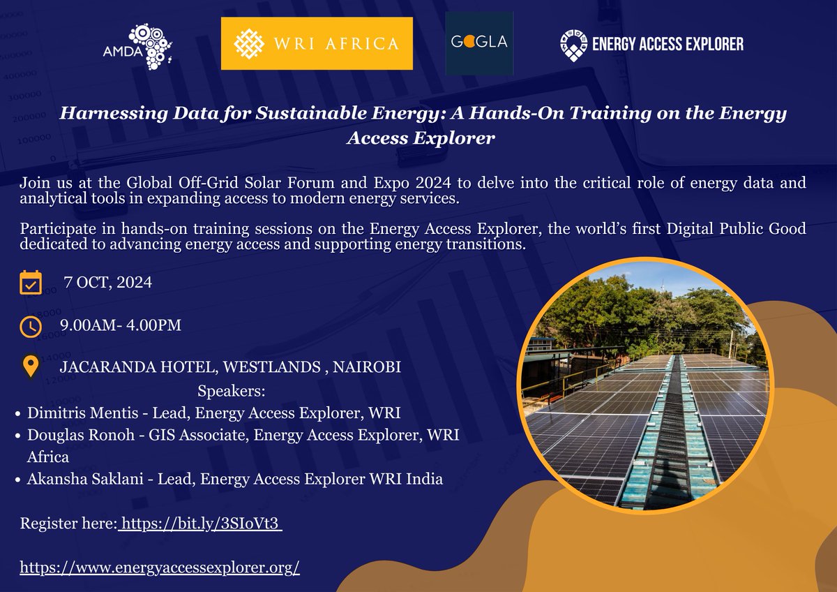 WRIafrica's tweet photo. Join us at the Global Off-Grid Solar Forum and Expo 2024 this October to explore how energy data & analytical tools offer actionable insights to expand access to modern energy services. Also, get a practical training on the #EnergyAccessExplorer!
Register➡️https://t.co/r3SwVNSud8 https://t.co/uU5lfEzvF8