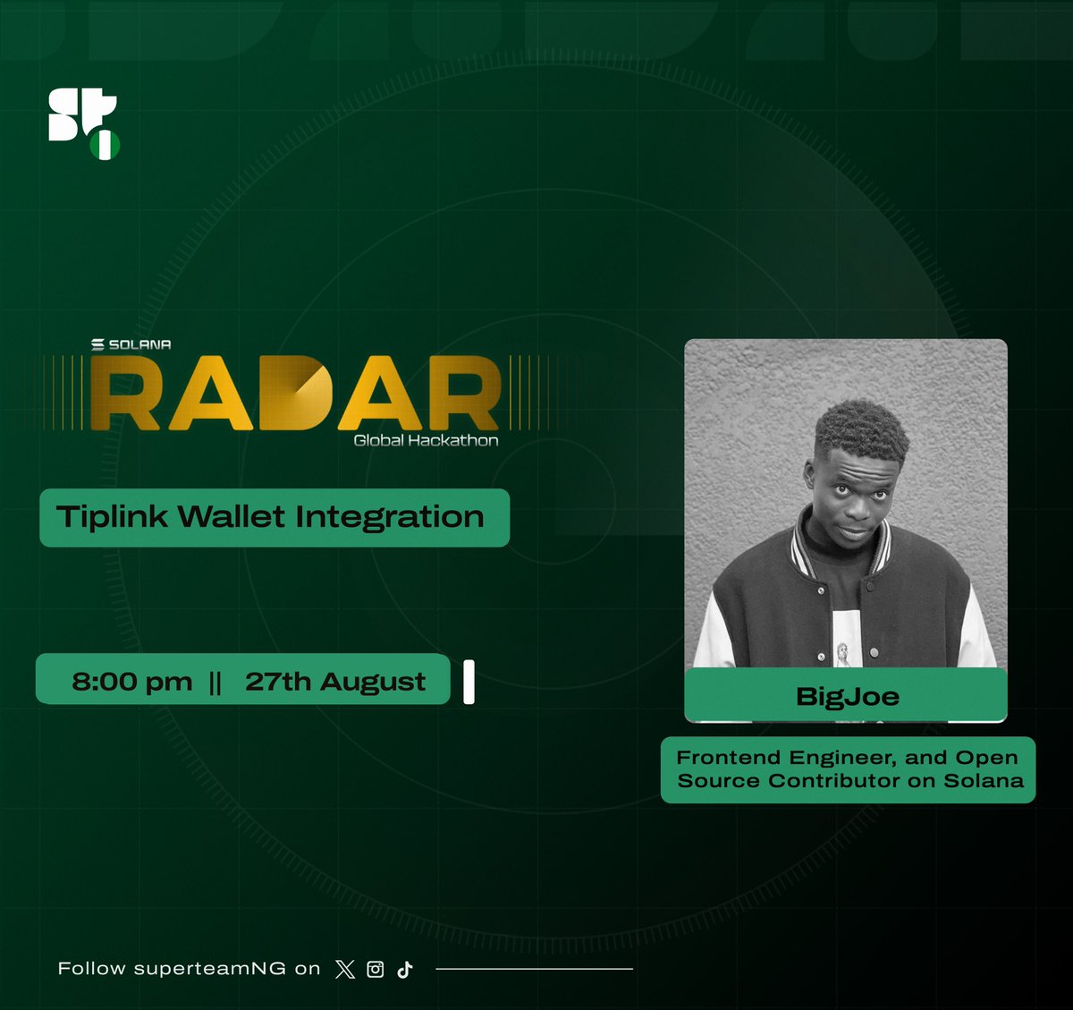 GM 🇳🇬 

During today’s @ColosseumOrg <a href="/solana/">Solana</a> Radar Hackathon Workshop by SuperteamNG, @AbanobiJoseph will teach us how to use disposable and sharable wallets from <a href="/TipLinkOfficial/">TipLink</a> 🔥 

See you by 8 PM: calendar.app.google/nAwqhWGAtR2gMT… 🫡