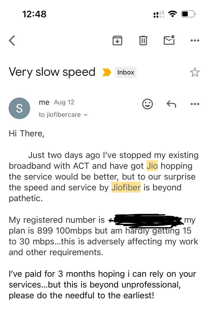 gnsantu's tweet photo. Dear #Jiofiber @JioCare #jiointernet

Got this connection on August 10th and has been a pathetic journey of low speed connectivity, disruptions and non customer centric policies

Attached are the series of complaints and responses and the order no to check!

Please don’t opt! https://t.co/chKlsxNaPD