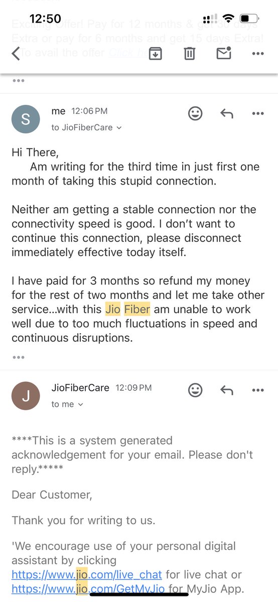 gnsantu's tweet photo. Dear #Jiofiber @JioCare #jiointernet

Got this connection on August 10th and has been a pathetic journey of low speed connectivity, disruptions and non customer centric policies

Attached are the series of complaints and responses and the order no to check!

Please don’t opt! https://t.co/chKlsxNaPD