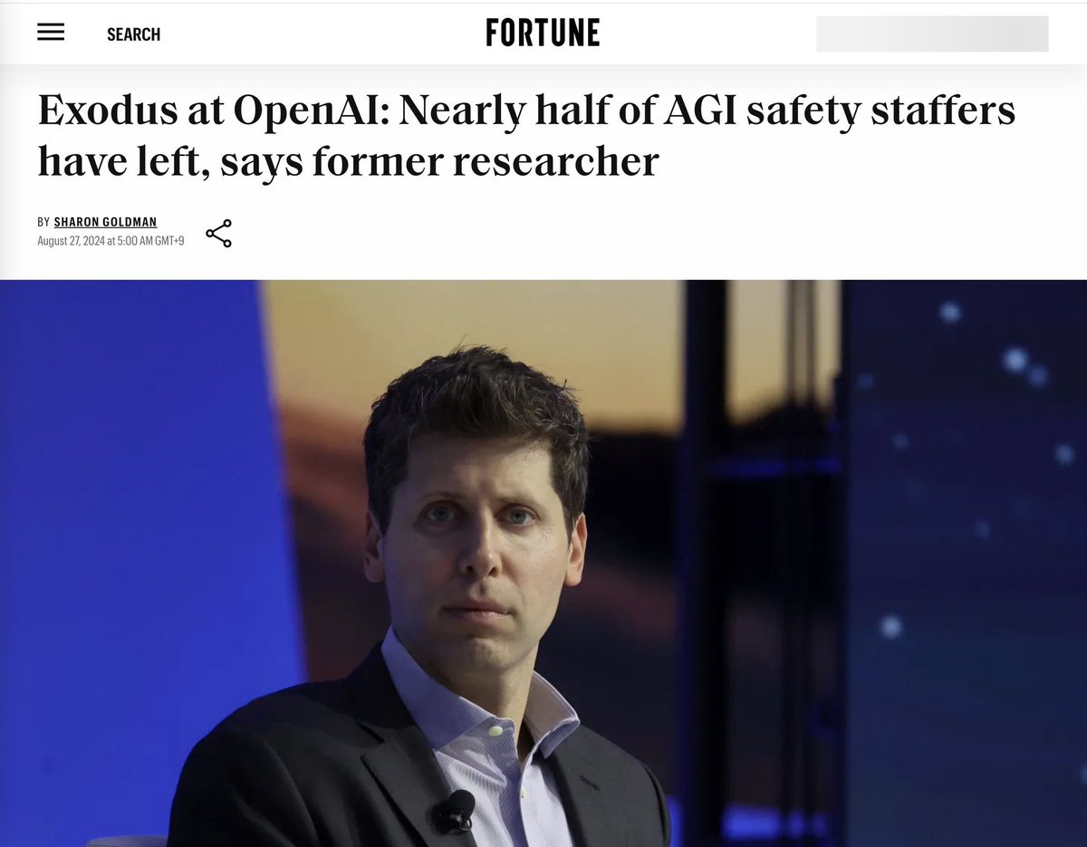 GratomicAi's tweet photo. خبر مهم!
این روزها سکوت عجیبی OpenAI و مخصوصاً پسر جنجالی یکی دو سال اخیر، "سم آلتمن" را فرا گرفته است!
به گزارش مجله Fortune و به نقل از یکی از محققان سابق این شرکت، تقریباً نیمی از کارکنان بخش ایمنی (AGI) از OpenAI خارج شده‌اند.
نکته مهم این است که آنها به چه چیزی پی برده اند!؟ https://t.co/Z3OZPKfyjI