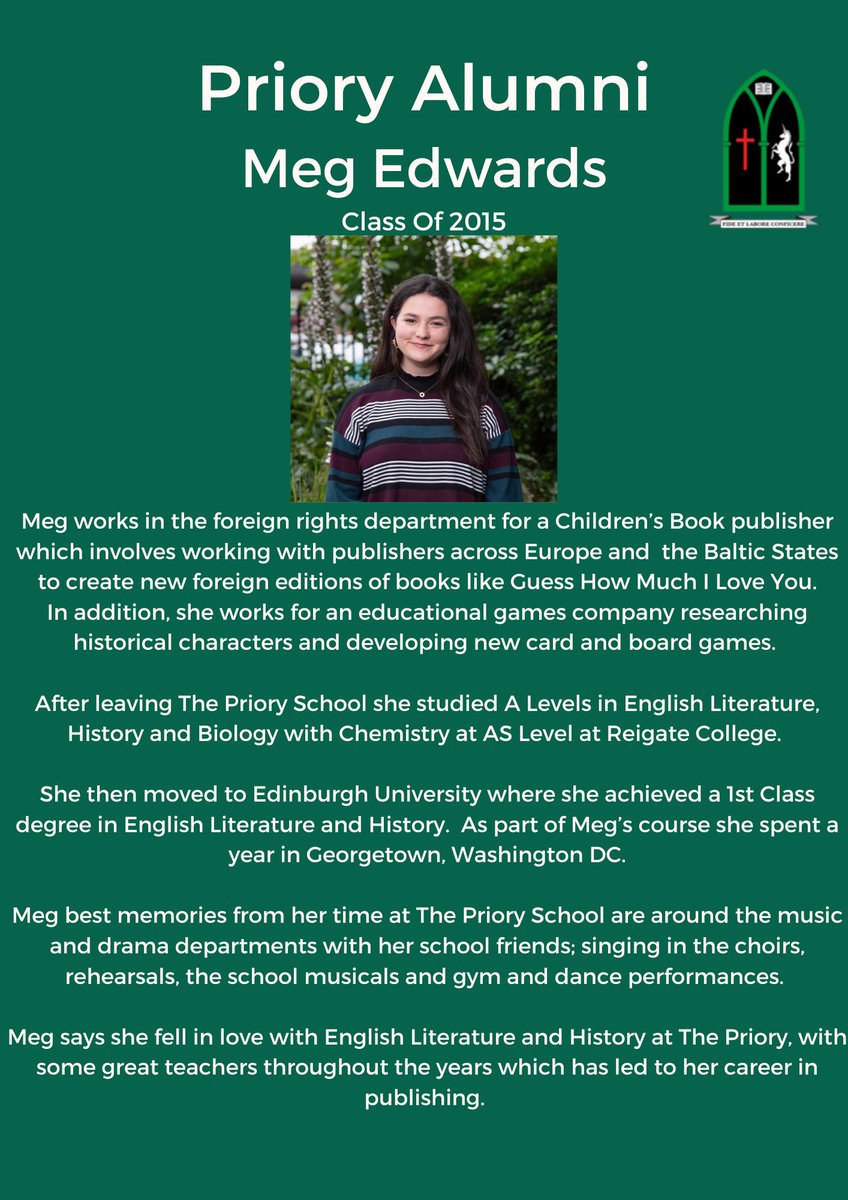 We are very proud of Meg &amp; all that she has accomplished! 
Meg says she fell in love with English Literature &amp; History at The Priory, with some great teachers throughout the years which has led to her career in publishing. 
Educating for life in all its fullness. 

@PrioryHead