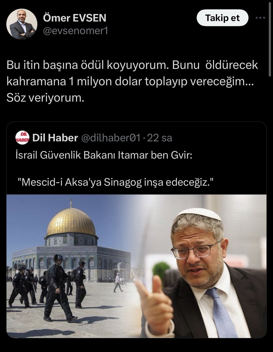 DİYANET-SEN Genel Başkan Yardımcısı Ömer Evsen, Mescid-i Aksa’ya Sinagog inşa edileceğini söyleyen israil Güvenlik Bakanını öldürecek kişiye 1 milyon dolar ödül vereceğini açıkladı.