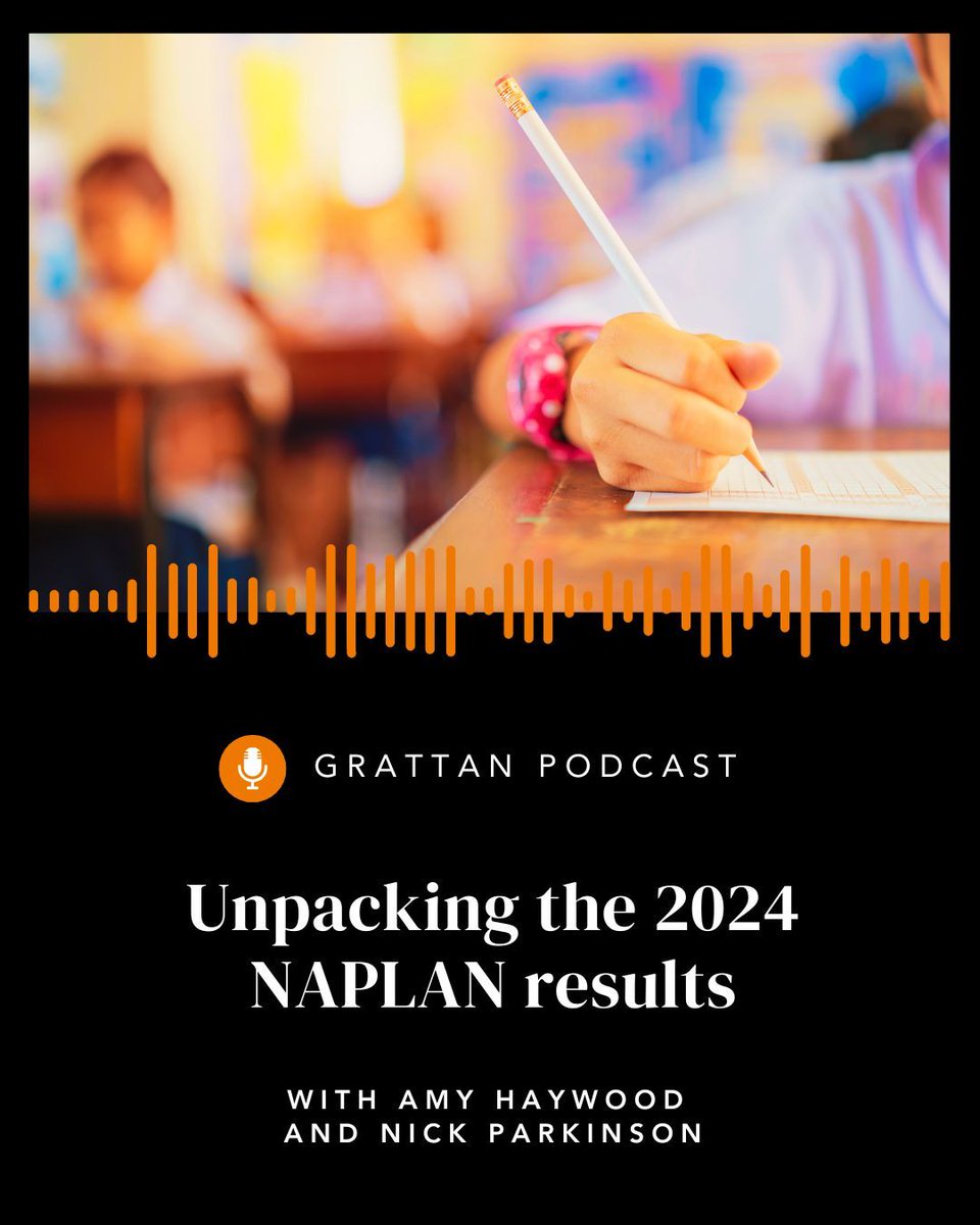 Grattan Institute (@grattaninst) on Twitter photo The 2024 NAPLAN school test results show one in three Australian students are not on track with their learning.
On our podcast, <a href="/Amy_L_Haywood/">Amy Haywood</a> and <a href="/NickJParkinson/">Nick Parkinson</a> discuss why students are performing so poorly, and how governments can turn this around. buff.ly/4cFWFi4 The 2024 NAPLAN school test results show one in three Australian students are not on track with their learning.
On our podcast, <a href="/Amy_L_Haywood/">Amy Haywood</a> and <a href="/NickJParkinson/">Nick Parkinson</a> discuss why students are performing so poorly, and how governments can turn this around. buff.ly/4cFWFi4