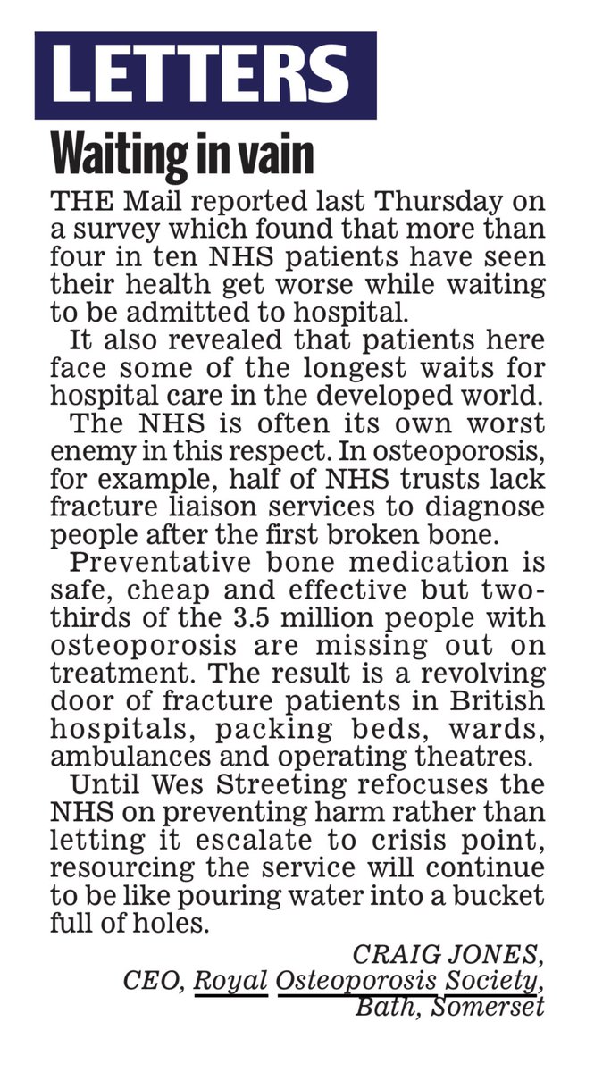 My letter in today’s Mail on why <a href="/wesstreeting/">Wes Streeting</a> and <a href="/RachelReevesMP/">Rachel Reeves</a> need to assess people early for osteoporosis if they want to cut waiting lists and tackle waste in the broken NHS.  <a href="/GwynneMP/">Andrew Gwynne MP</a> <a href="/karinsmyth/">Karin Smyth</a>