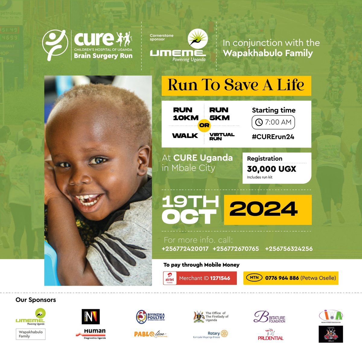 CUREuganda's tweet photo. Mark your calendars for the 19th of October, 2024, as we gather in Mbale City for a cause that touches lives. Whether you’re ready to tackle a 10km or 5km run, enjoy a walk, or participate virtually, your involvement makes a difference. #CURErun24 #helpkidsheal https://t.co/Bvpq2Y4kNO