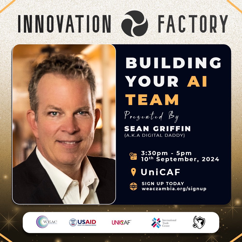 WEAC ZAMBIA (@weaczambia) on Twitter photo 🚀 Ready to unlock the power of AI for your business and life? Join us on September 10th for the "Building Your AI Team" workshop at UniCAF! Led by <a href="/SeanKGriffin/">SEAN🕊️</a>, you'll learn how to integrate AI into your team for growth. #WEAC #InnovationFactory #Lusaka #ZEDTwitter <a href="/ITCnews/">International Trade Centre (ITC)</a> 🚀 Ready to unlock the power of AI for your business and life? Join us on September 10th for the "Building Your AI Team" workshop at UniCAF! Led by <a href="/SeanKGriffin/">SEAN🕊️</a>, you'll learn how to integrate AI into your team for growth. #WEAC #InnovationFactory #Lusaka #ZEDTwitter <a href="/ITCnews/">International Trade Centre (ITC)</a>