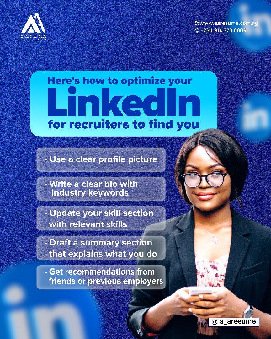 a_aresume's tweet image. Want recruiters to find you faster?

Here&apos;s your guide to optimizing your Linkedin profile for
maximum visibility and opportunities.

#aaresume #Linkedin #LinkedinProfileOptimization