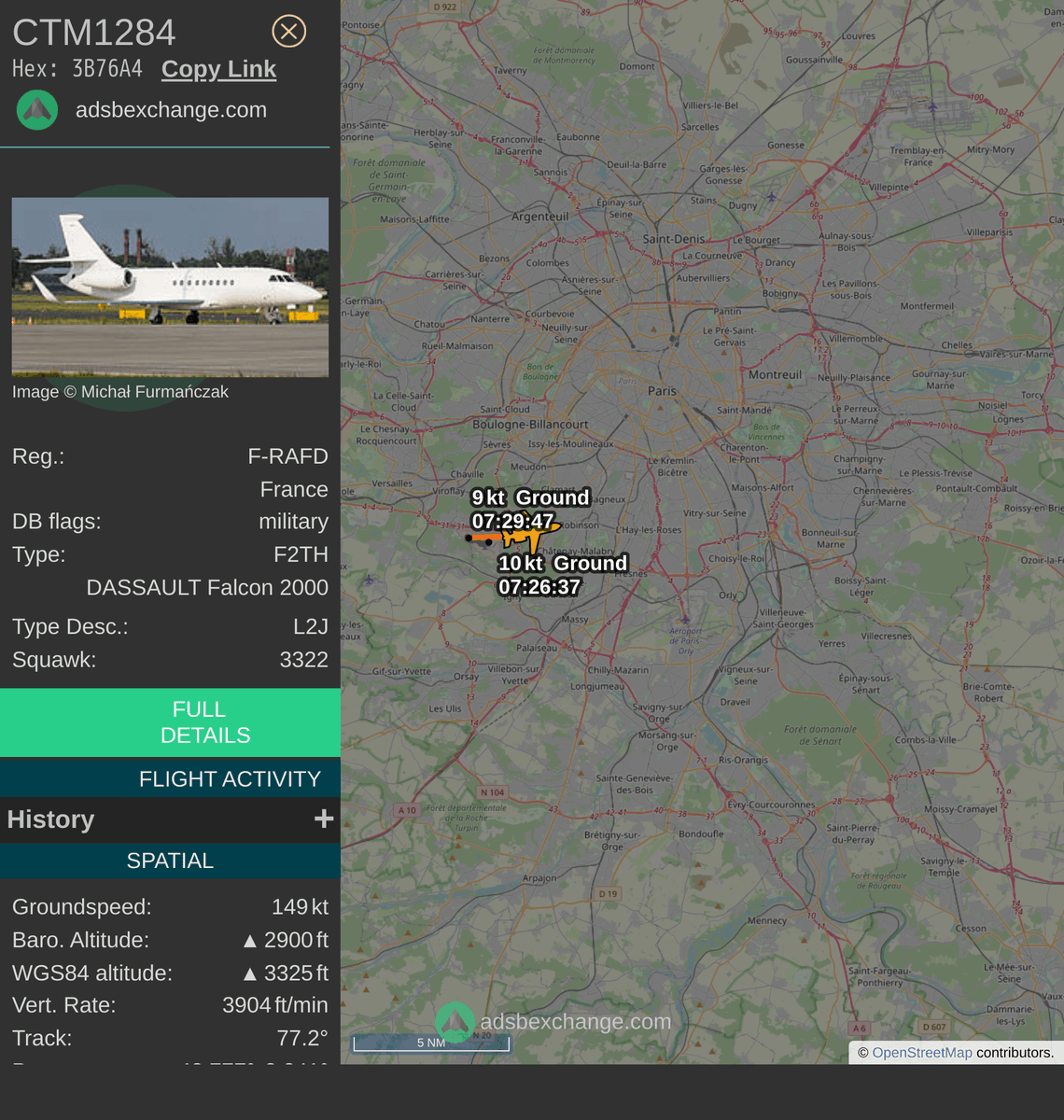 FlottePresident's tweet photo. 🛫 Un Dassault Falcon 2000LX 🇫🇷 République Française vient de décoller près de Villacoublay/Vélizy, France.
Vol #CTM1284, immatriculation #FRAFD.
Suivre le vol : https://t.co/bYrQZfyDLw https://t.co/Fdgc1doVI1