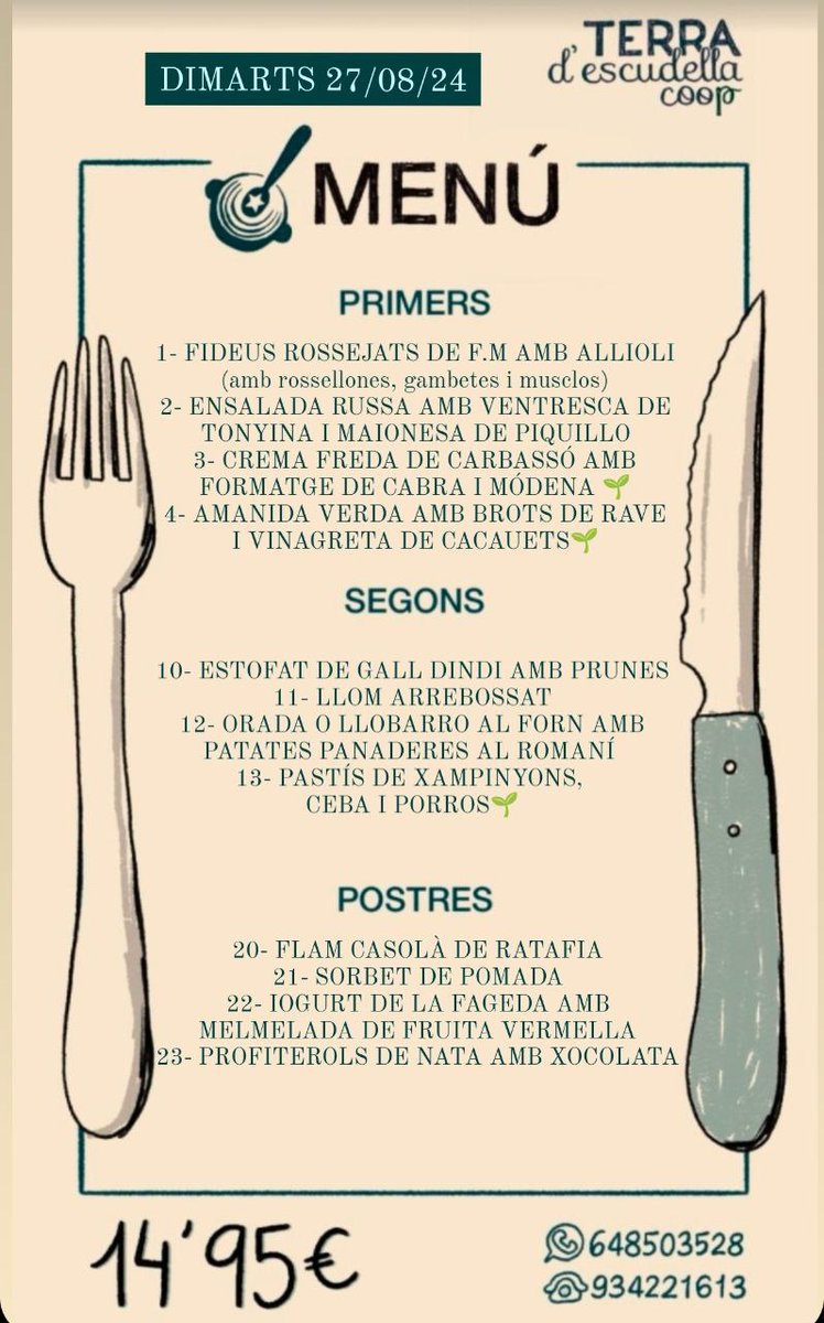 Bon dimarts escudellaires,
Després del primer dia després de vacances ja estem preparades pel que convingui.
Bon profit i bona festa major!
<a href="/DO_sants/">D.O. Sants</a> <a href="/MensakasApp/">Mensakas</a>