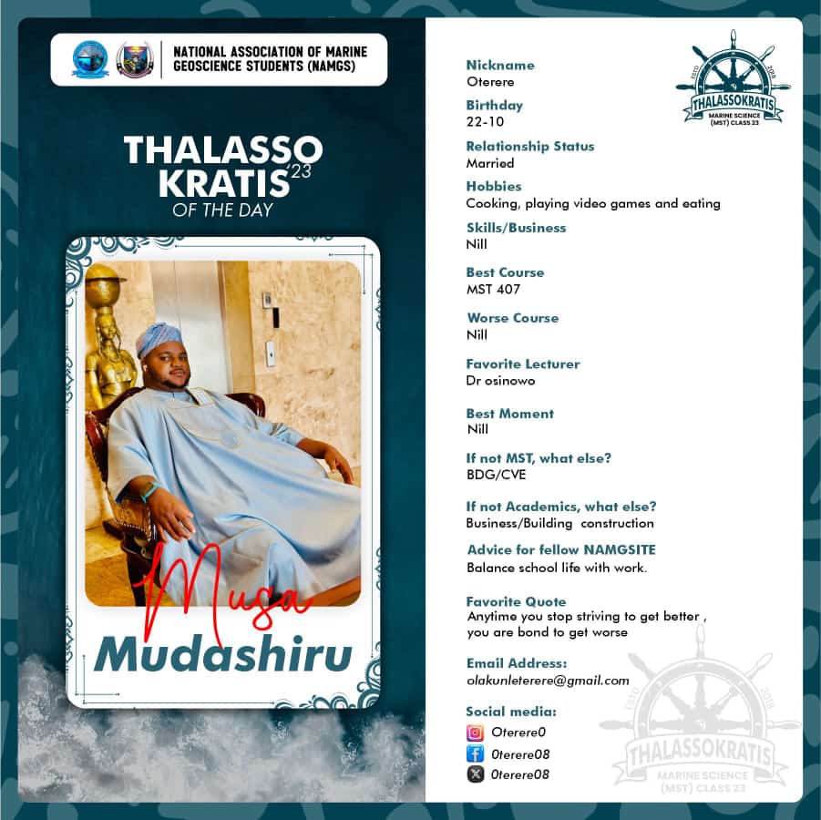 Mstclass23's tweet image. Meet Musa Mudashiru Olakunle, aka Big Daddy, Opomu, &amp;amp; Sugar Daddy, our Thalassokratis of the Day! 

He's a bundle of energy, always helping others &amp;amp; living life to the fullest. An ironic swimmer &amp;amp; accidental building contractor, he's a true gem.

 Congratulations! #Thalassokratis