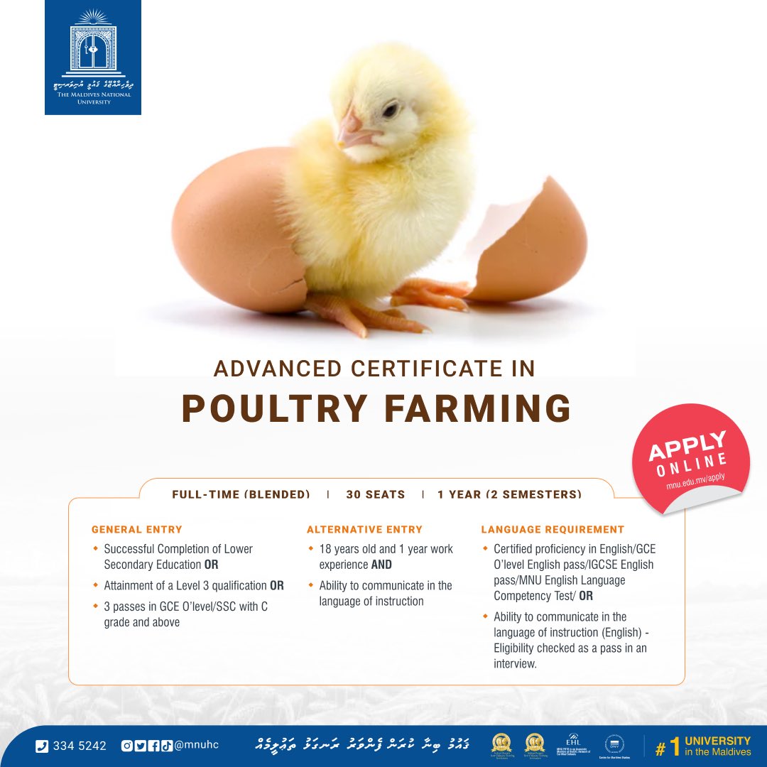 Advanced Certificate in Poultry Farming offered by Faculty of Faculty of Engineering, Science and Technology. Apply before 3rd September 2024. 

For more information Visit: courses.mnu.edu.mv/course/324
Apply: portal.mnu.edu.mv

#NationBuildingSince1973 #MNU #StudyatMNU #poultry