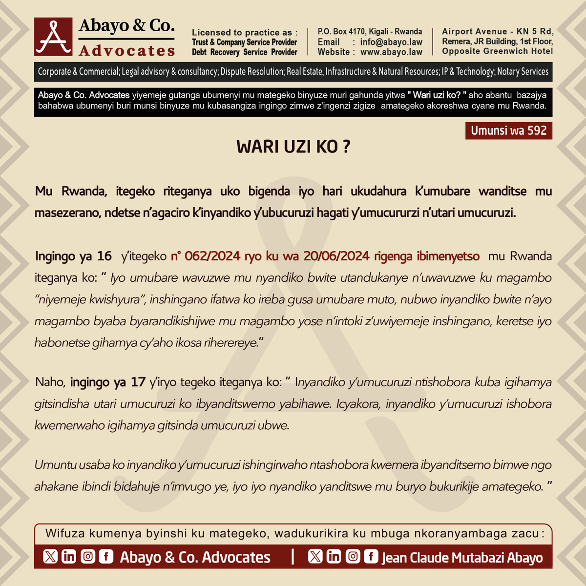 Abayo_Advocates's tweet photo. ◉  Wari uzi ko bigenda iyo hari ukudahura k’umubare wanditse mu nyandiko bwite?

◉  Wari uzi agaciro k’inyandiko y’ubucuruzi hagati y’umucuruzi n’utari umucuruzi?

Dore uko itegeko ribiteganya 👇🏽 

#SomaUmenyeAmategeko #ReadtoKnowtheLaws #TumenyeAmategekoAtugenga #bestlawfirminrwanda #bestlawyersinrwanda #Lawyersnearme #law #Rwanda #Rwandan #Rwandans #kigali #RwOT @AbayoClaude @harerimana_tito @shem5placide @NyilijaboMartin @FabRugumire @AngelMutabaruka