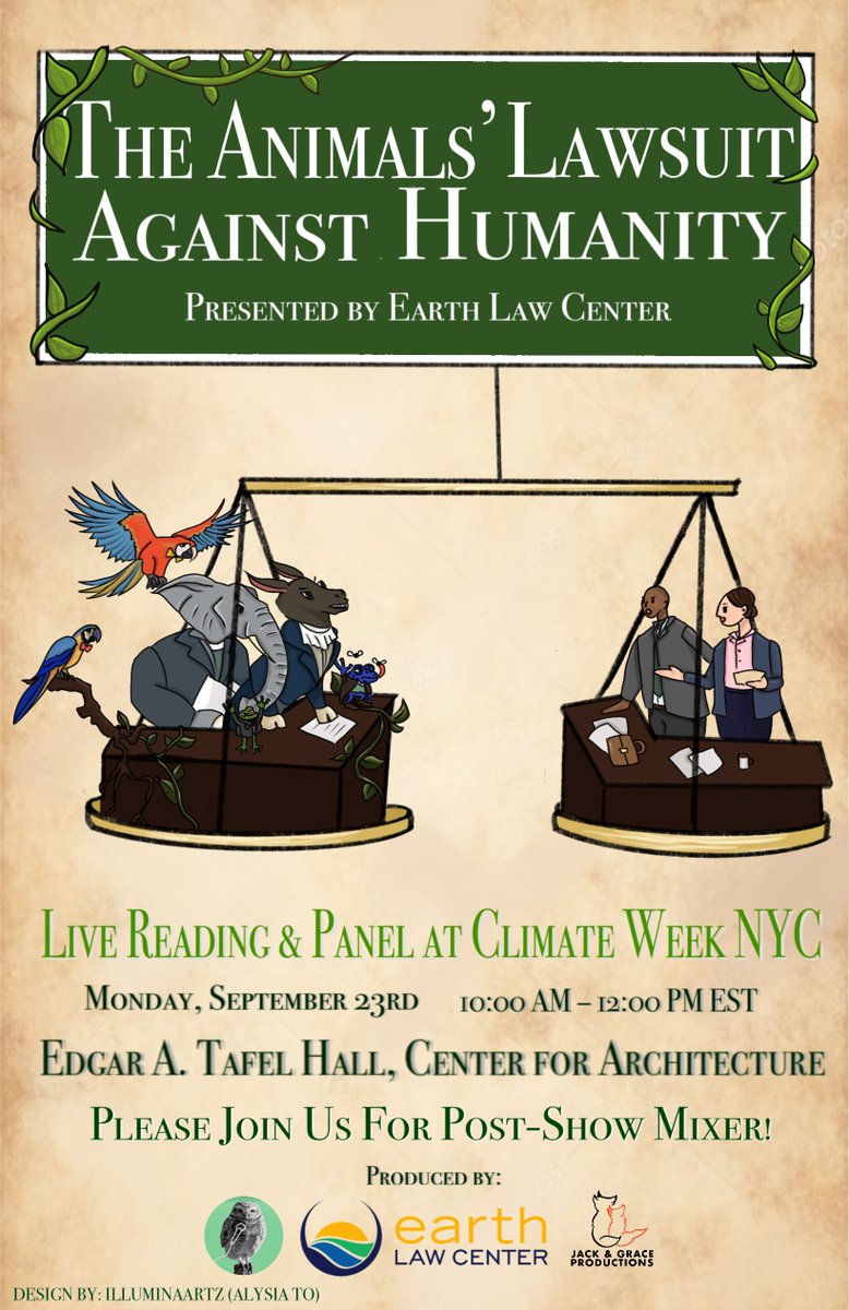 Don't miss the live reading and premiere of the play version of THE ANIMALS LAWSUIT AGAINST HUMANITY on Sept 23, 10am, at Climate Week NYC! Tickets here (in person or livestream): givebutter.com/VaW1c9. In this 1,000-year-old fable, animals sue humans for their poor treatment.