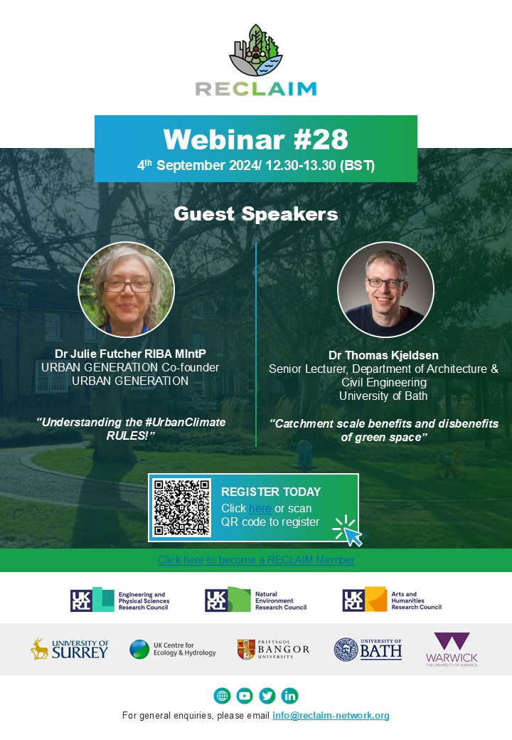GuildfordLL's tweet image. We’re thrilled to welcome @juliefutcher to explore the #UrbanClimate RULES &amp;amp; @trkjeldsen from @UniofBath will provide valuable insights green spaces at the catchment scale for the next @reclaim_network webinar! 

Click the link below to join us: events.teams.microsoft.com/event/890bce14…