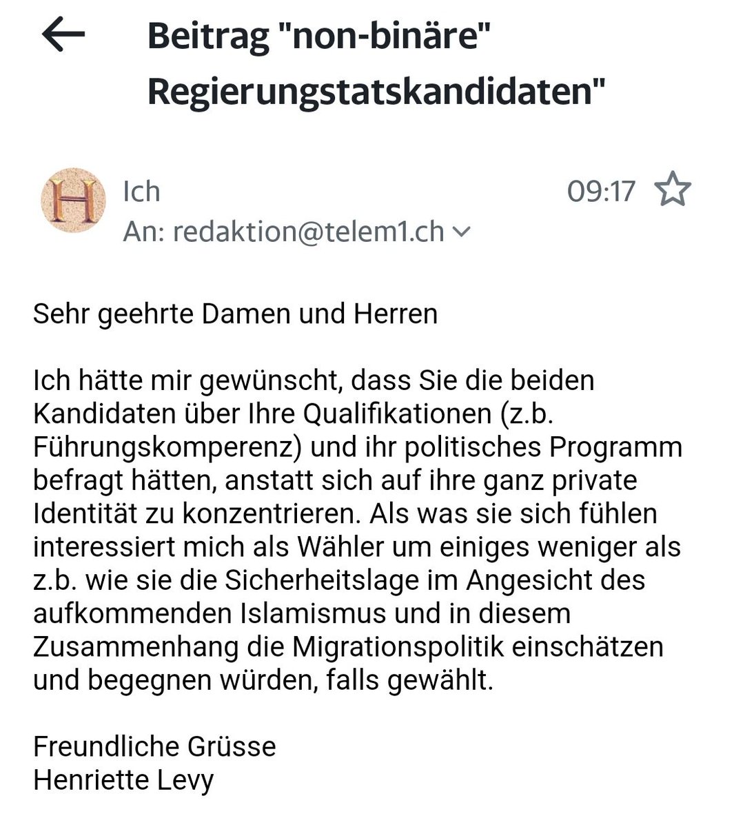 HenrietteLevy's tweet photo. Meine e-mail an #TeleM1 https://t.co/pSj2MFf3VZ