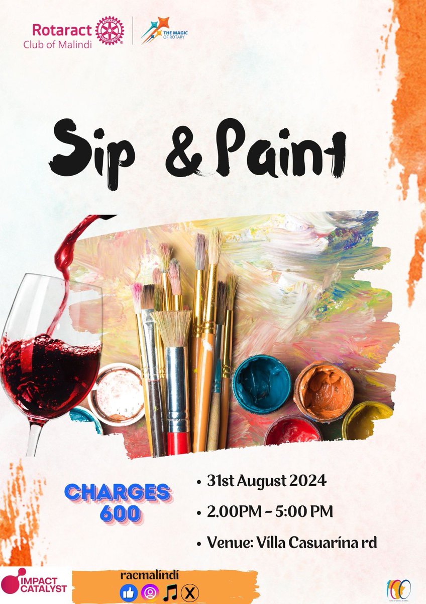 A chill afternoon, wine, paint, brushes and good vibes ✨✨

Come express yourself and have a good time with us. 

August 31st, from 2PM. 

#RacMalindi
#Clubservice
#SipandPaint
#MembershipMonth
#rotaract