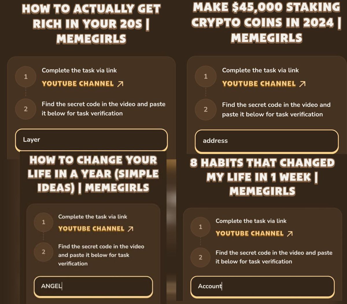 Airdroptrex's tweet photo. MemeFi All Daily Combo and YouTube Video Codes Quiz Answer 27.08.2024

🤔Secret Combo: 4 - 4 - 4 - 4

📹Make $45,000 Staking Cr..
✅ address

📹10 Passive Income Ideas
✅ altcoin

📹How to Change your Life in a Year
✅ ANGEL

📹8 habits that changed my life in 1 week
✅ ACCOUNT

📹How To Actually Get Rich in Your 20'S
✅ Layer

📹How to Beat Procrastination and Start Taking Action
✅Network

📢Note: Use VPN in case campaign shows unavailable 

👥️ • Follow @Airdroptrex
♻️ • Retweet
✅https://t.co/RSF3AgnlJa

#MemeFi #Quiz #Answer #Youtube #Code #Tapswap #Hamsterkombat #RockRabbit #MuskEmpire #TimeFarm #MemefiYoutube