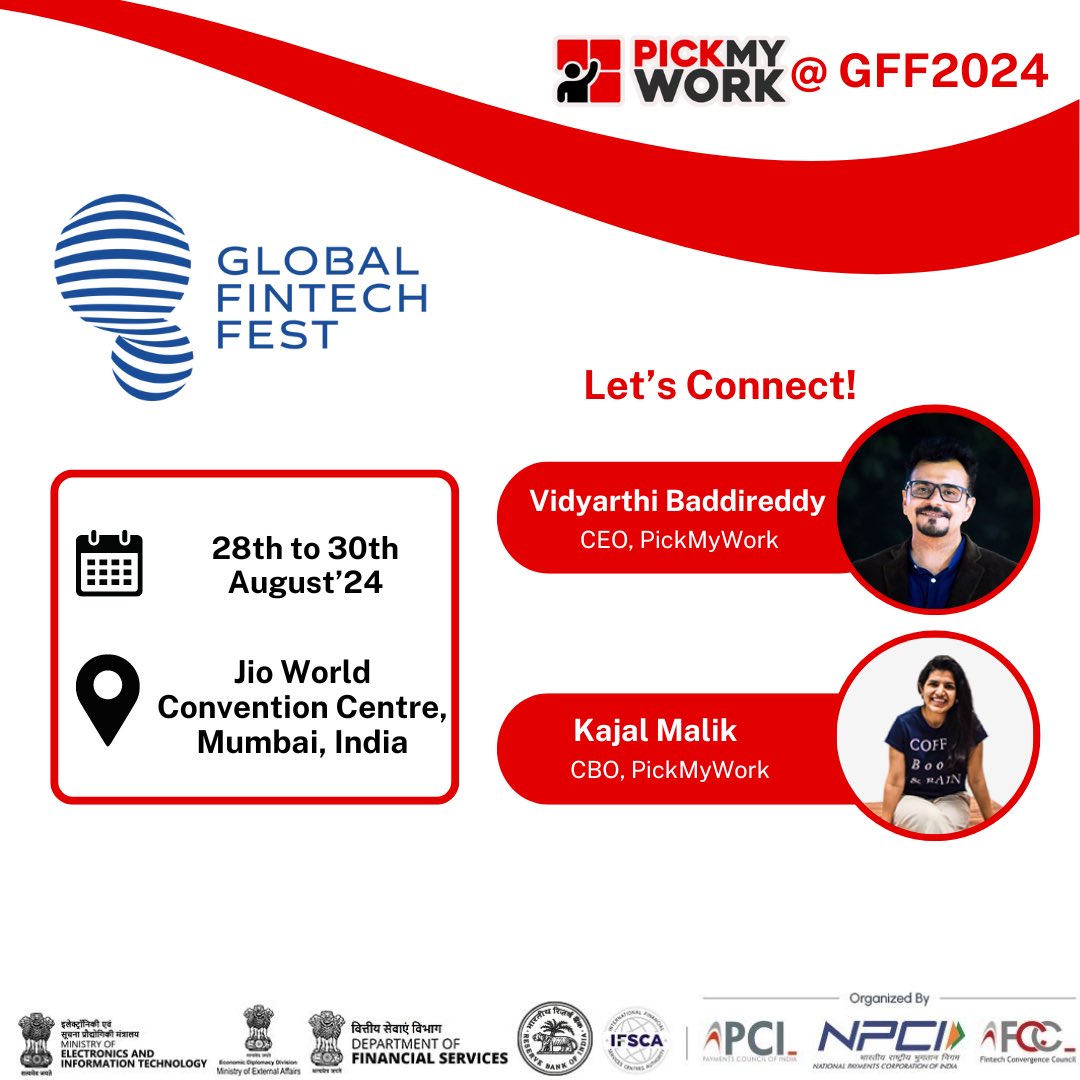 work_pick's tweet photo. Meet our co-founders Vidyarthi Baddireddy and Kajal Malik at #GFF2024! Discover how we empower businesses to scale through our innovative gig platform and achieve exceptional results in customer acquisition. 

#GFF #GFF24 #GlobalFintechFest #FintechRevolution #FintechInnovators https://t.co/v1YsXDBZXf