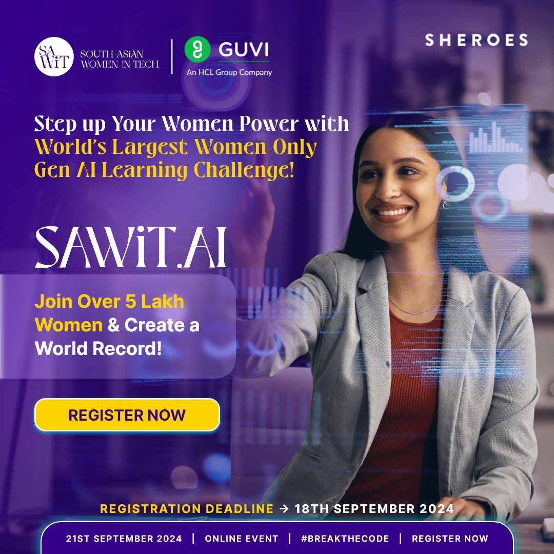 sheroes's tweet photo. Big announcement! The world’s largest women-only Gen AI learning challenge is here. Join this program by @sawit_network  and get upskilled for better opportunities. No prior coding or tech knowledge is required. 
Register here:
🔗https://t.co/Vv5zzltQ6o https://t.co/ydHTLn6X4Z