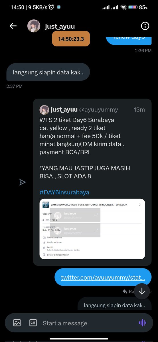 hazelier's tweet photo. guys beware ya yg nyari wtb an tiket surabaya day6 banyak scammers keliaran https://t.co/WFI3nMMvwG