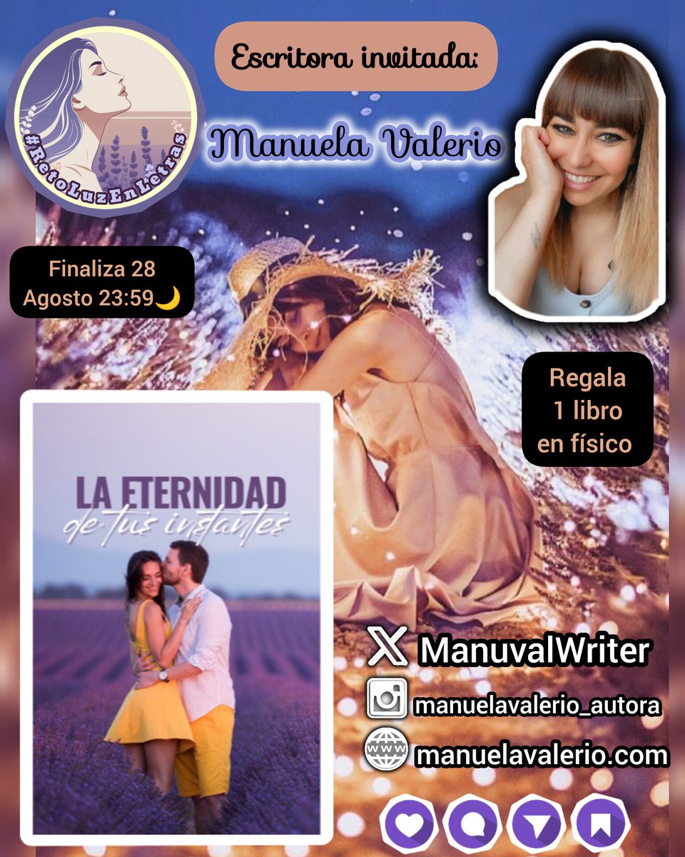 ✨#RetoLuzEnLetras 🪻<a href="/Luztintalavanda/">📚 Luz | Creadora de Contenido</a>
Escritora invitada:<a href="/ManuvalWriter/">Manuela Valerio</a> Manuela Valerio

5️⃣NORMAS:
🖼️Usa imagen del reto
✍🏼Poesía-Prosa-Relato...
➡️Literal:LA ETERNIDAD DE TUS INSTANTES 
💡Ortografía-Lenguaje-Punt.
✳️Sin límite twits

🎖1 libro📘en físico
⌛FIN-MIE 28/8🇪🇦23: 59hs